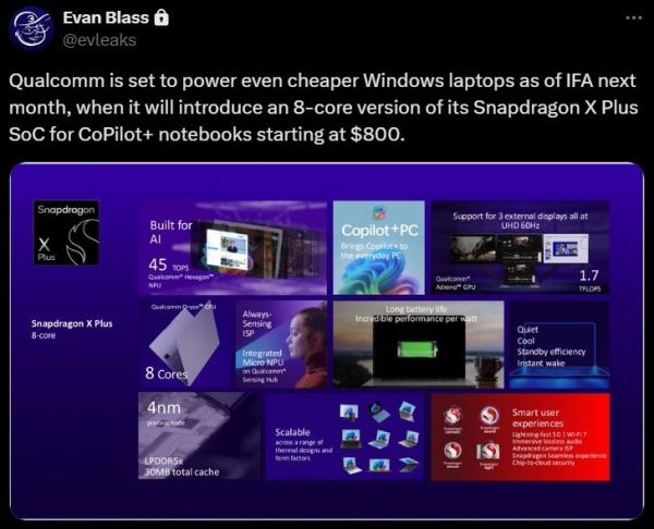Ноутбуки на Windows с отличной автономностью по цене смартфона. Такие модели выйдут в сентябре и будут построены на 8-ядерной SoC Snapdragon X Plus