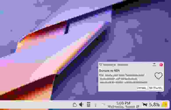 В KDE Plasma разработчики добавили ежегодное всплывающее уведомление с запросом пожертвований на развитие проекта